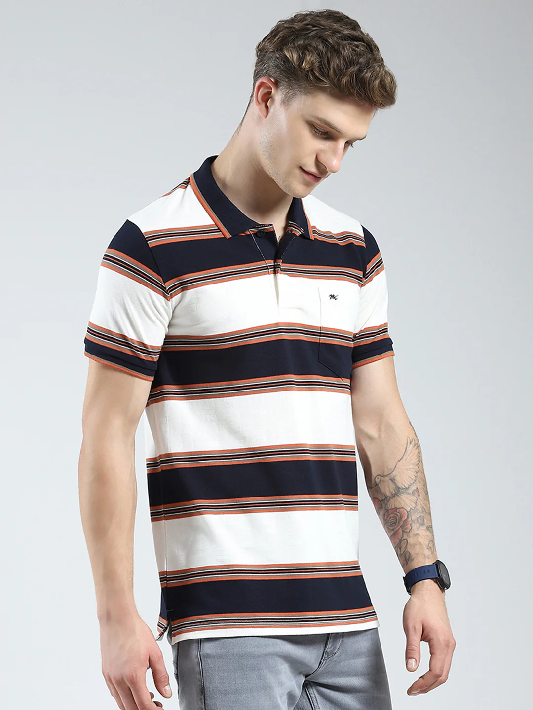 Men Navy Blue Stripe Collar Half Sleeve T-Shirt - Image 4