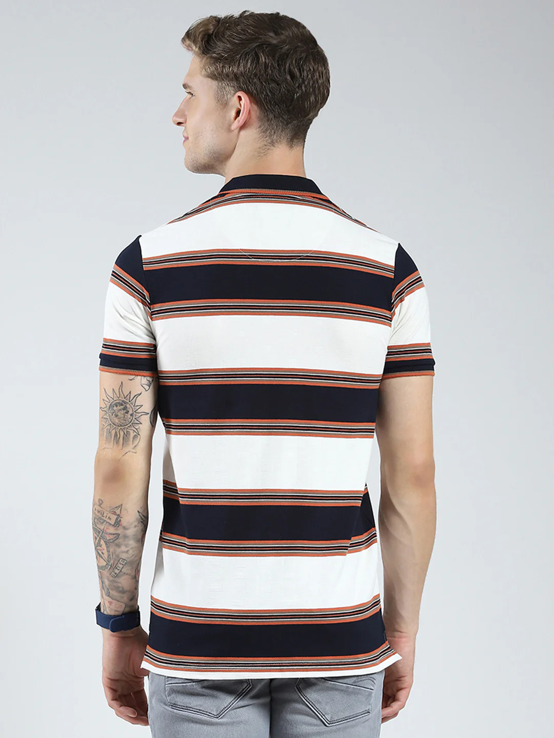Men Navy Blue Stripe Collar Half Sleeve T-Shirt - Image 5