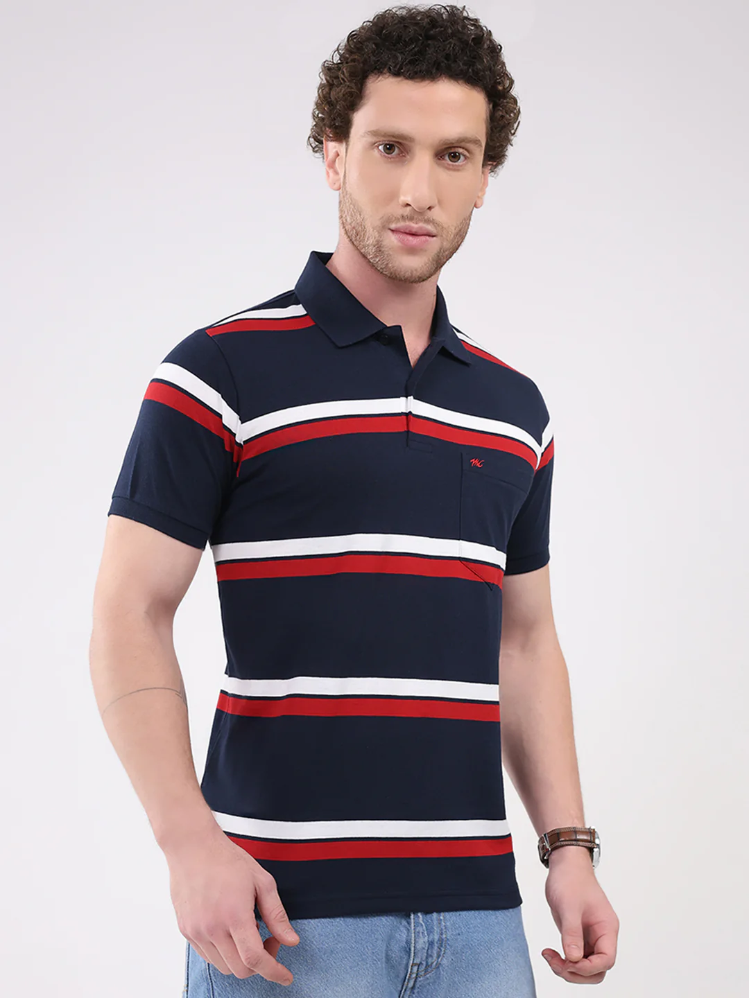 Men Navy Blue Stripe Collar Half Sleeve T-Shirt - Image 4