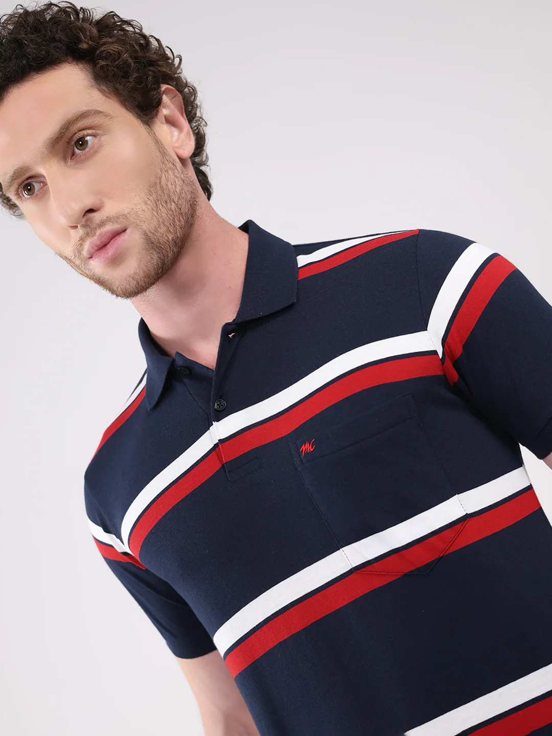 Men Navy Blue Stripe Collar Half Sleeve T-Shirt - Image 7