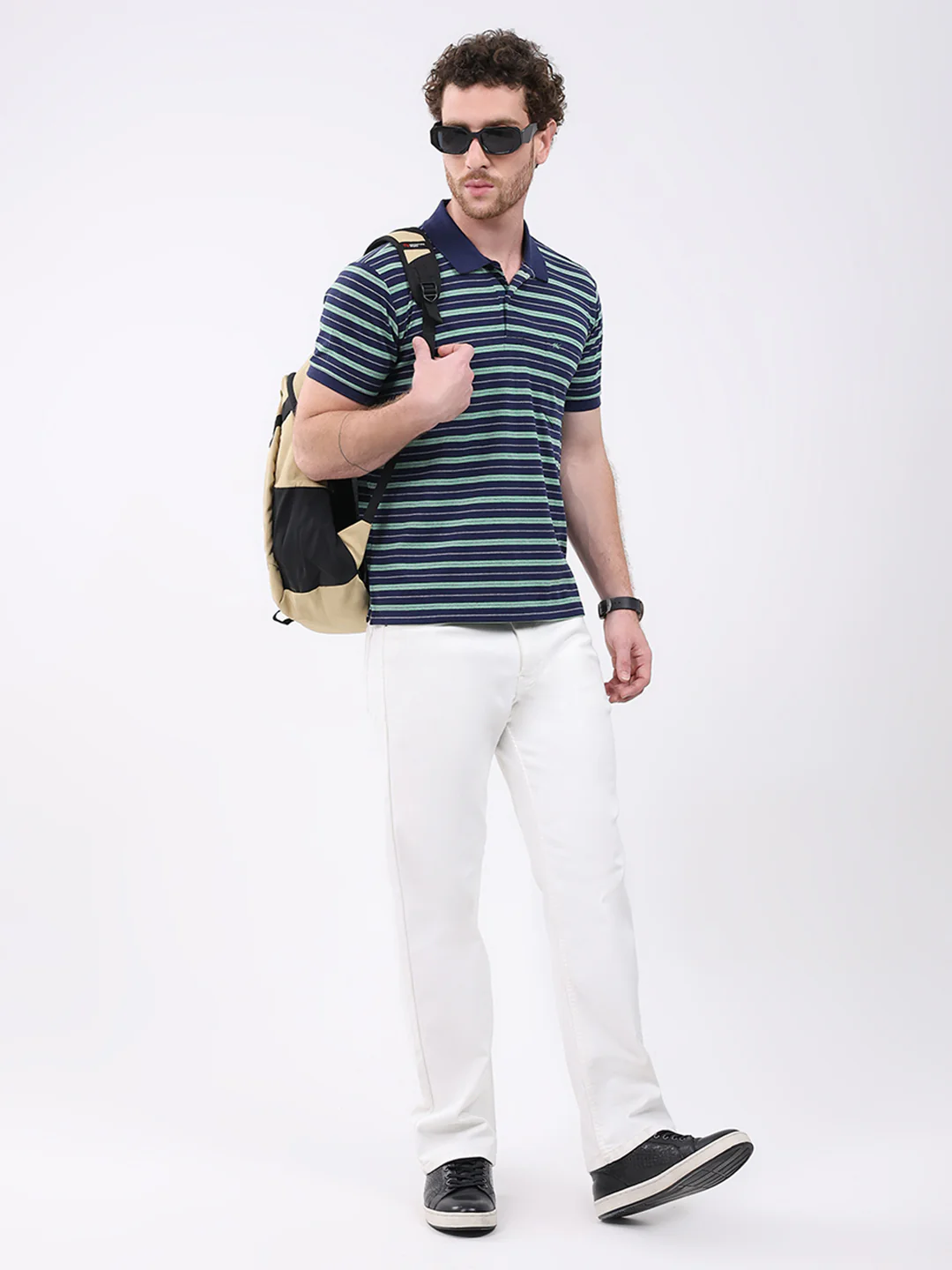 Men Navy Blue Stripe Collar Half Sleeve T-Shirt - Image 2