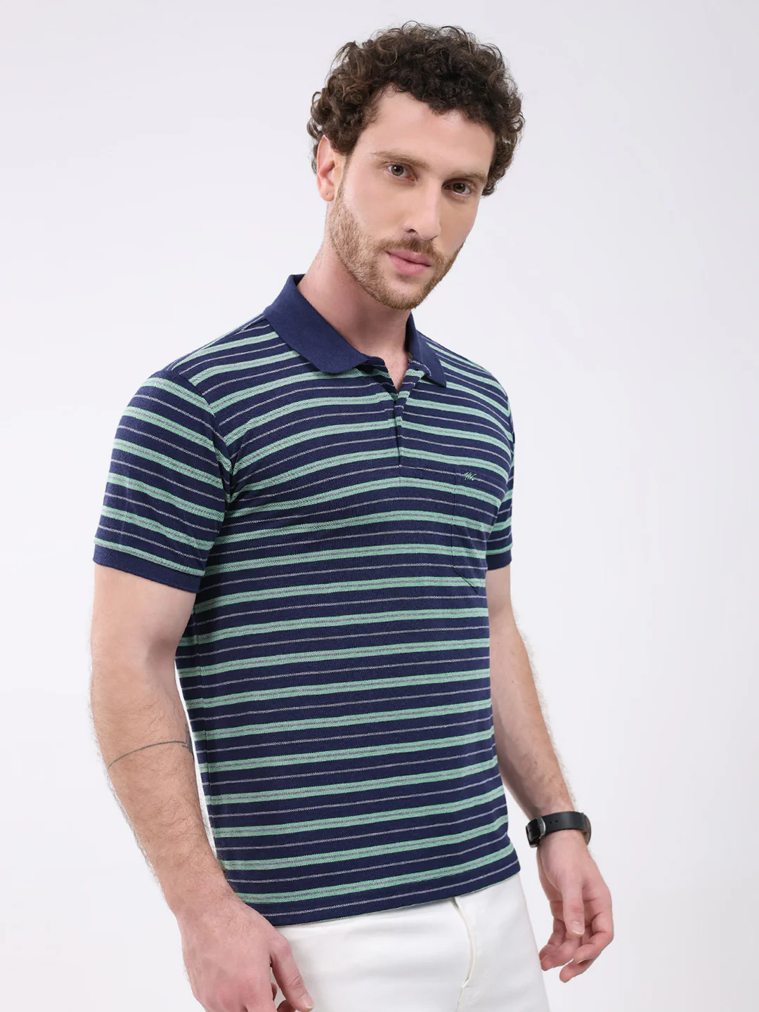 Men Navy Blue Stripe Collar Half Sleeve T-Shirt - Image 4