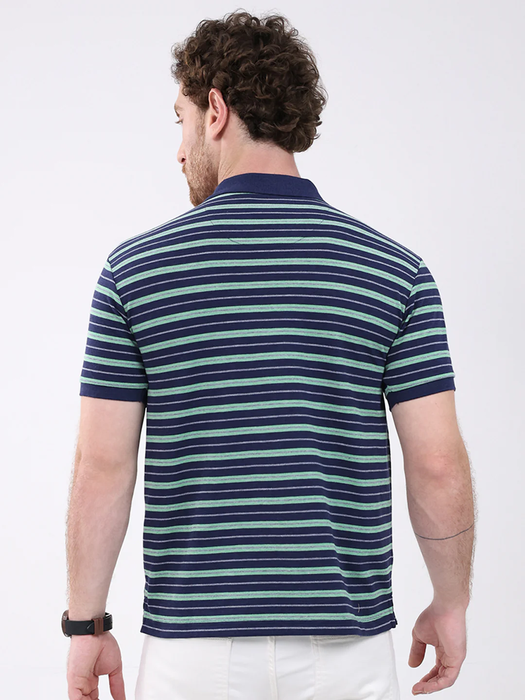 Men Navy Blue Stripe Collar Half Sleeve T-Shirt - Image 5