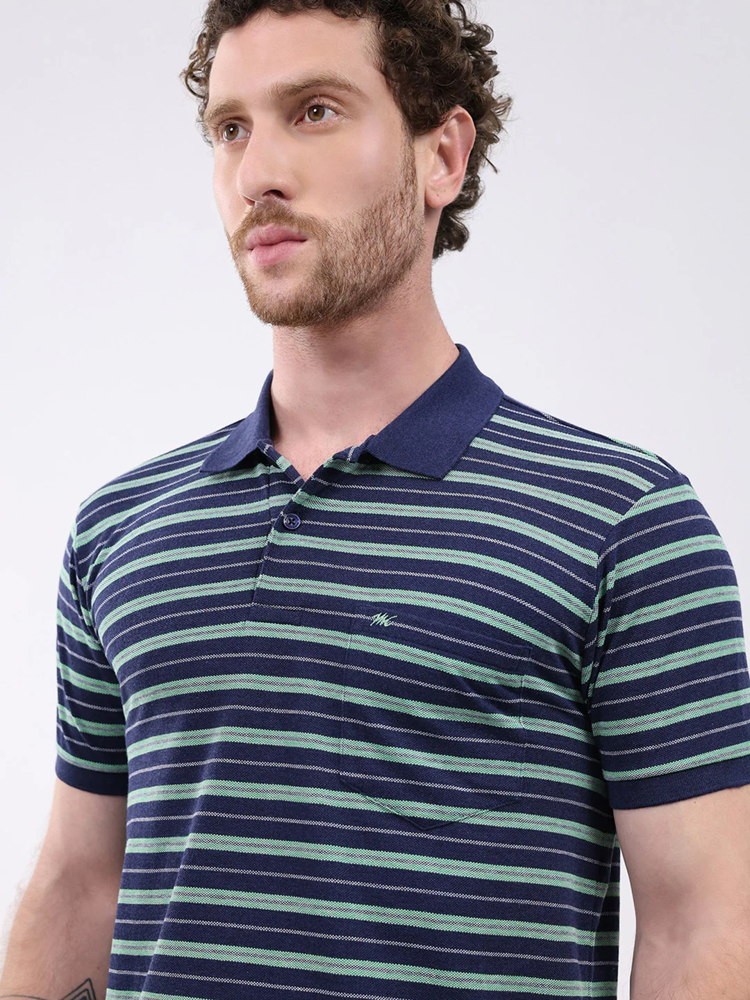 Men Navy Blue Stripe Collar Half Sleeve T-Shirt - Image 6