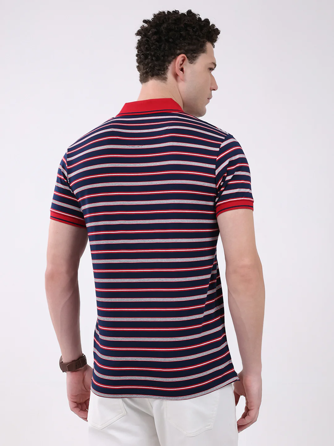Men Navy Blue Stripe Collar Half Sleeve T-Shirt - Image 5