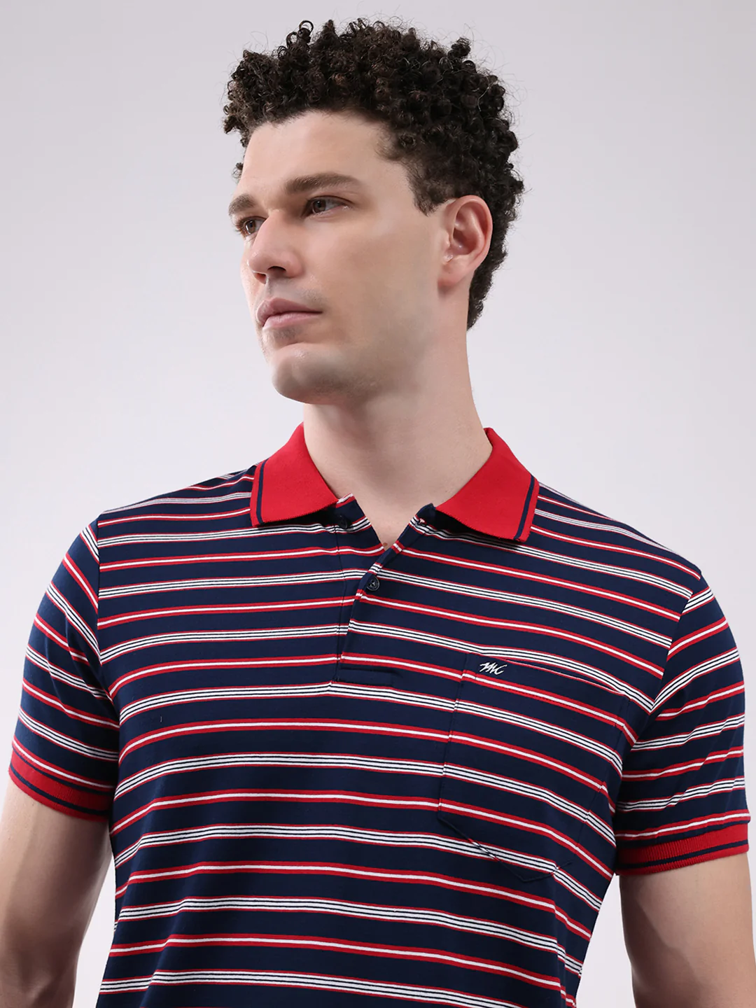 Men Navy Blue Stripe Collar Half Sleeve T-Shirt - Image 7
