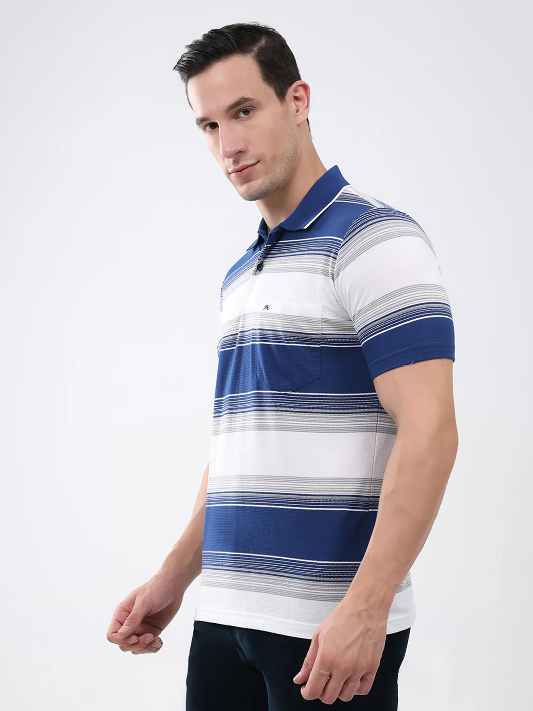 Men Navy Blue Stripe Collar Half Sleeve T-Shirt - Image 3