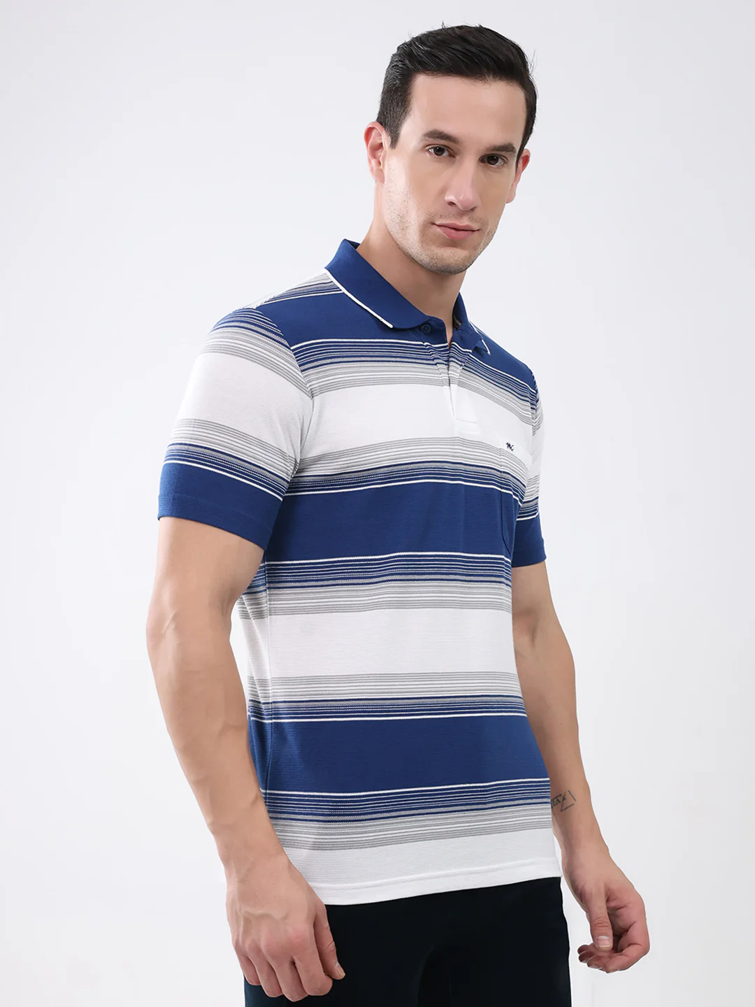 Men Navy Blue Stripe Collar Half Sleeve T-Shirt - Image 4