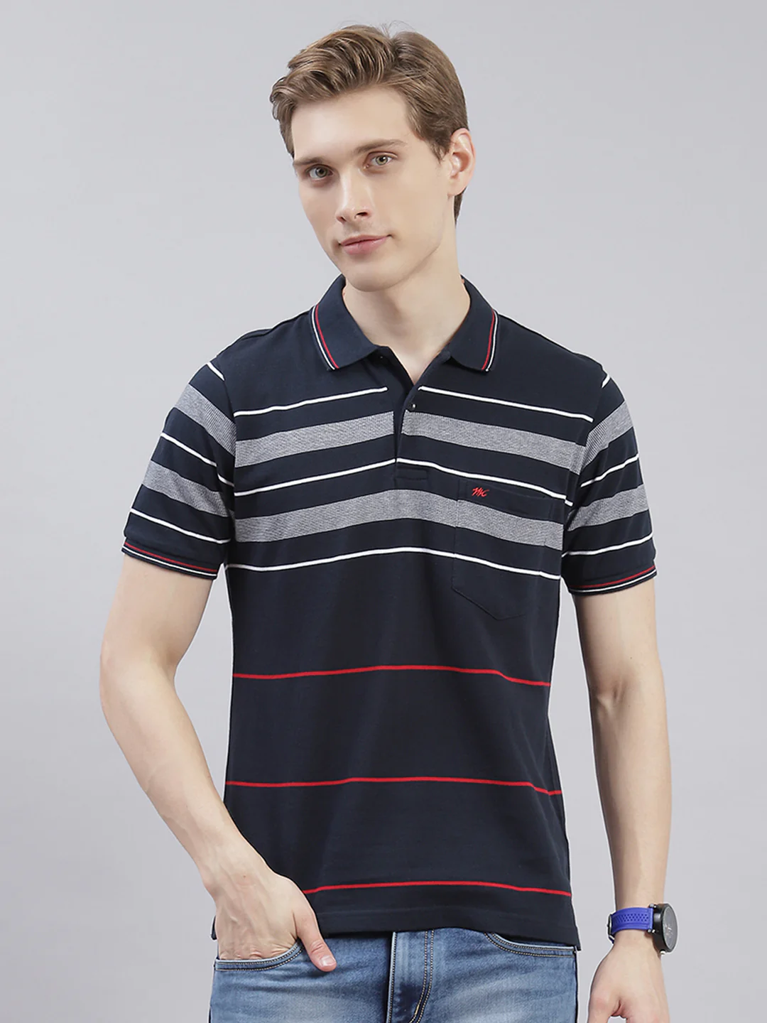 Men Navy Blue Stripe Collar Half Sleeve T-Shirts - Image 3