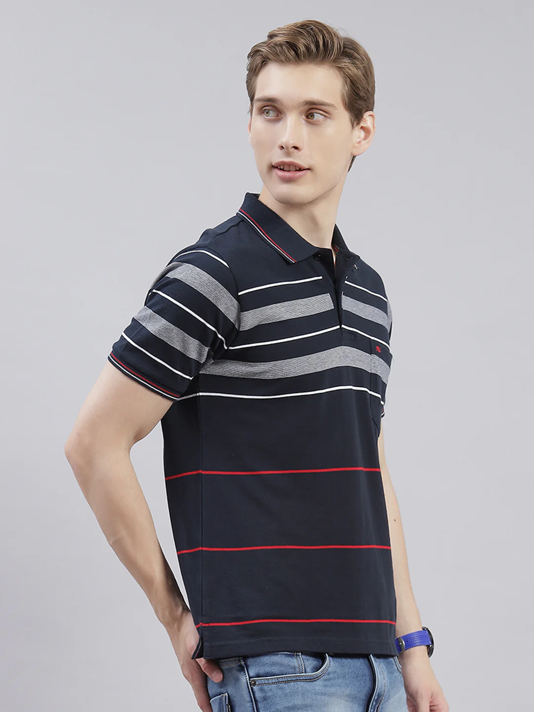 Men Navy Blue Stripe Collar Half Sleeve T-Shirts - Image 5