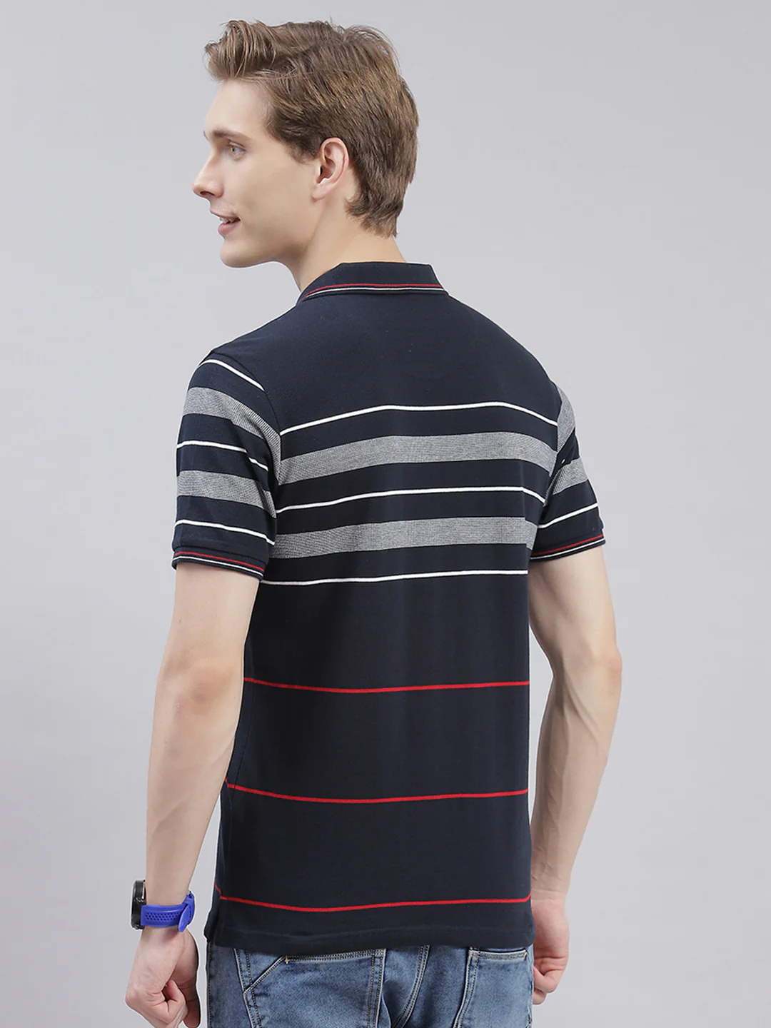 Men Navy Blue Stripe Collar Half Sleeve T-Shirts - Image 7
