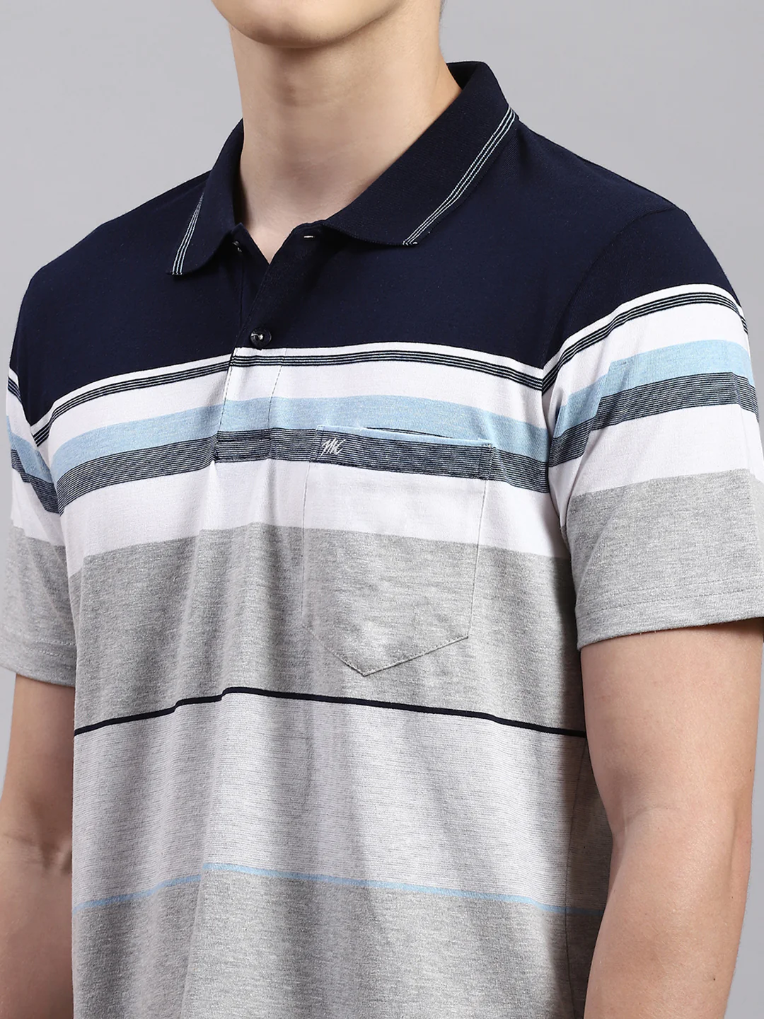 Men Navy Blue Stripe Collar Half Sleeve T-Shirts - Image 6
