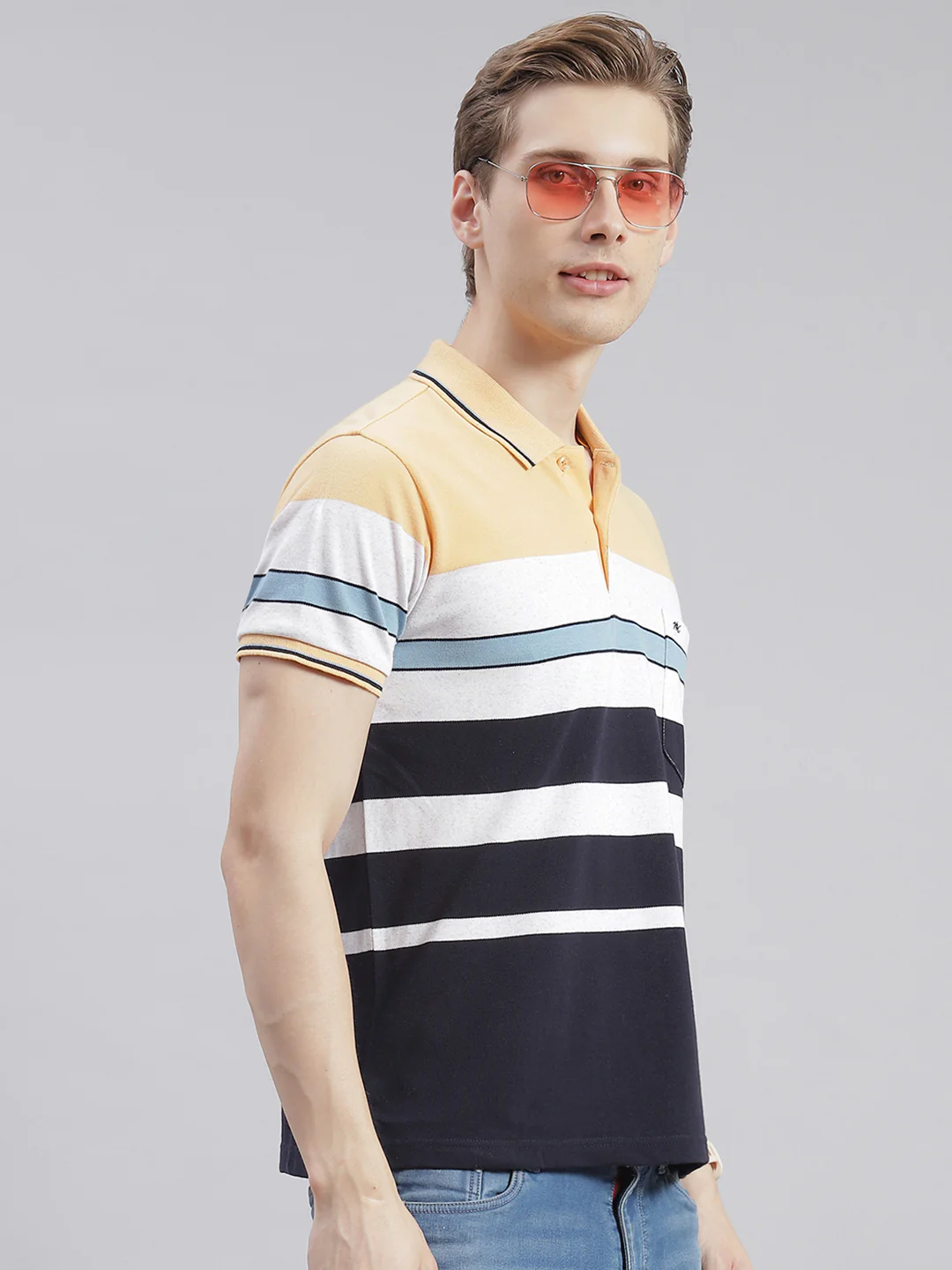 Men Navy Blue Stripe Collar Half Sleeve T-Shirts - Image 4