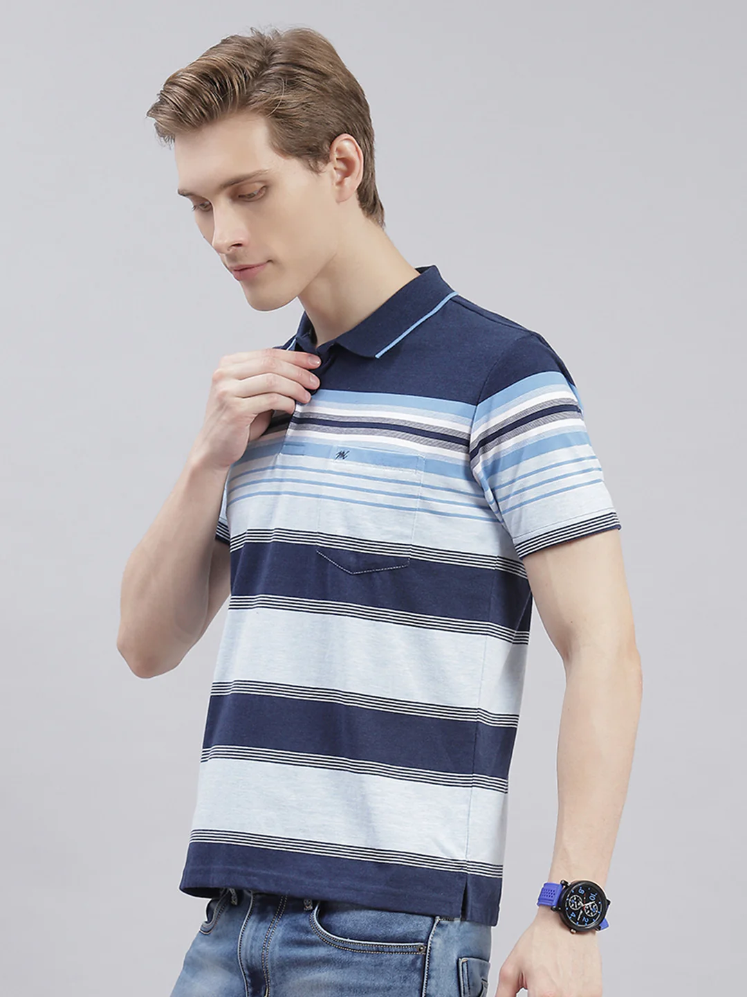 Men Navy Blue Stripe Collar Half Sleeve T-Shirts - Image 3
