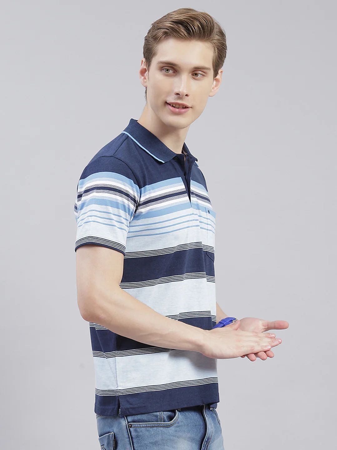 Men Navy Blue Stripe Collar Half Sleeve T-Shirts - Image 4