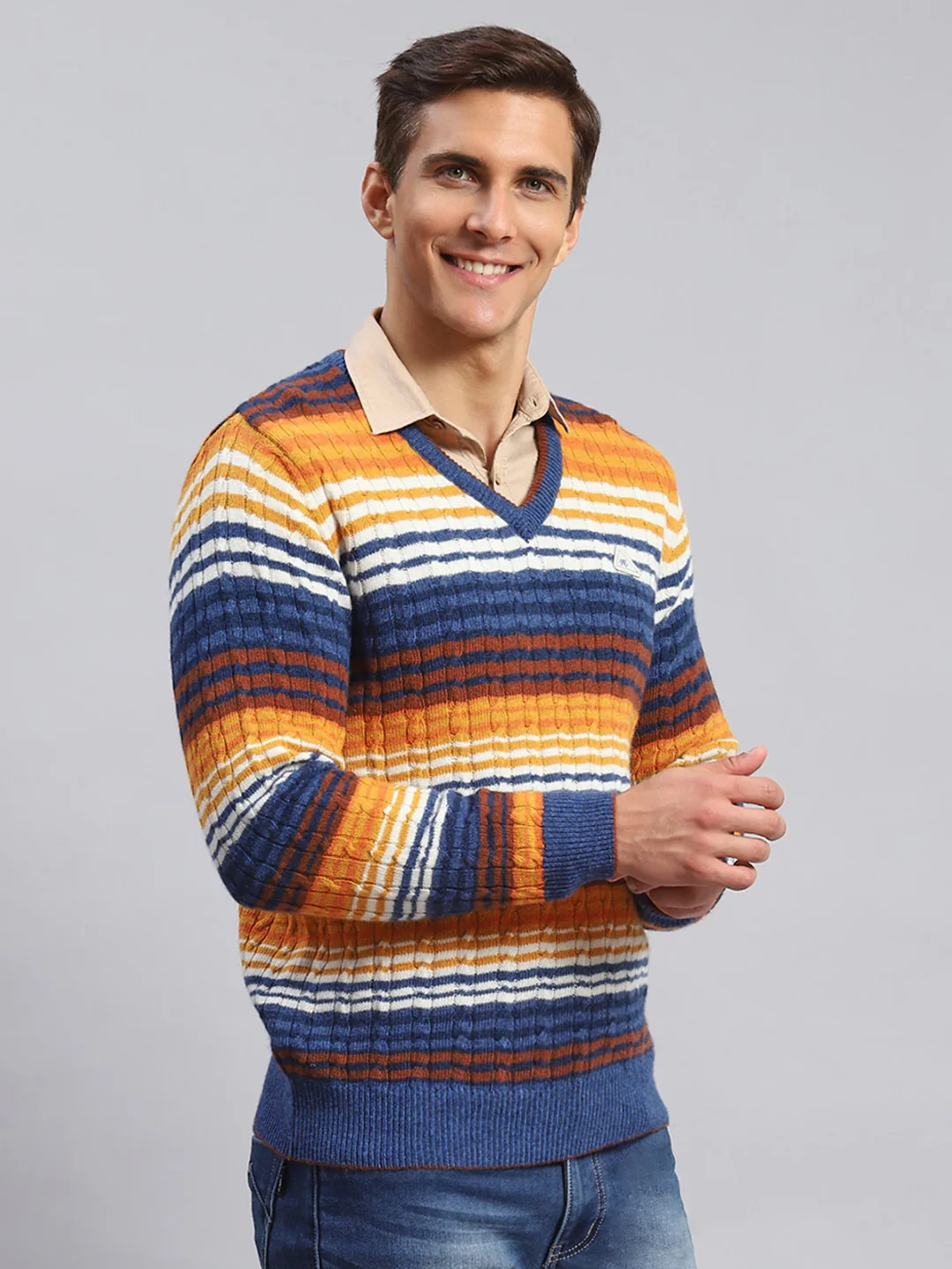 Men Navy Blue Stripe Lamb wool Pullover - Image 3