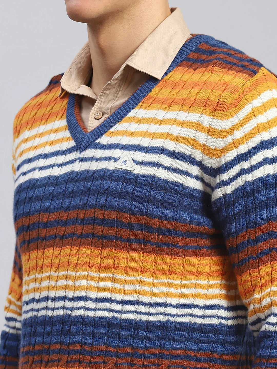 Men Navy Blue Stripe Lamb wool Pullover - Image 6