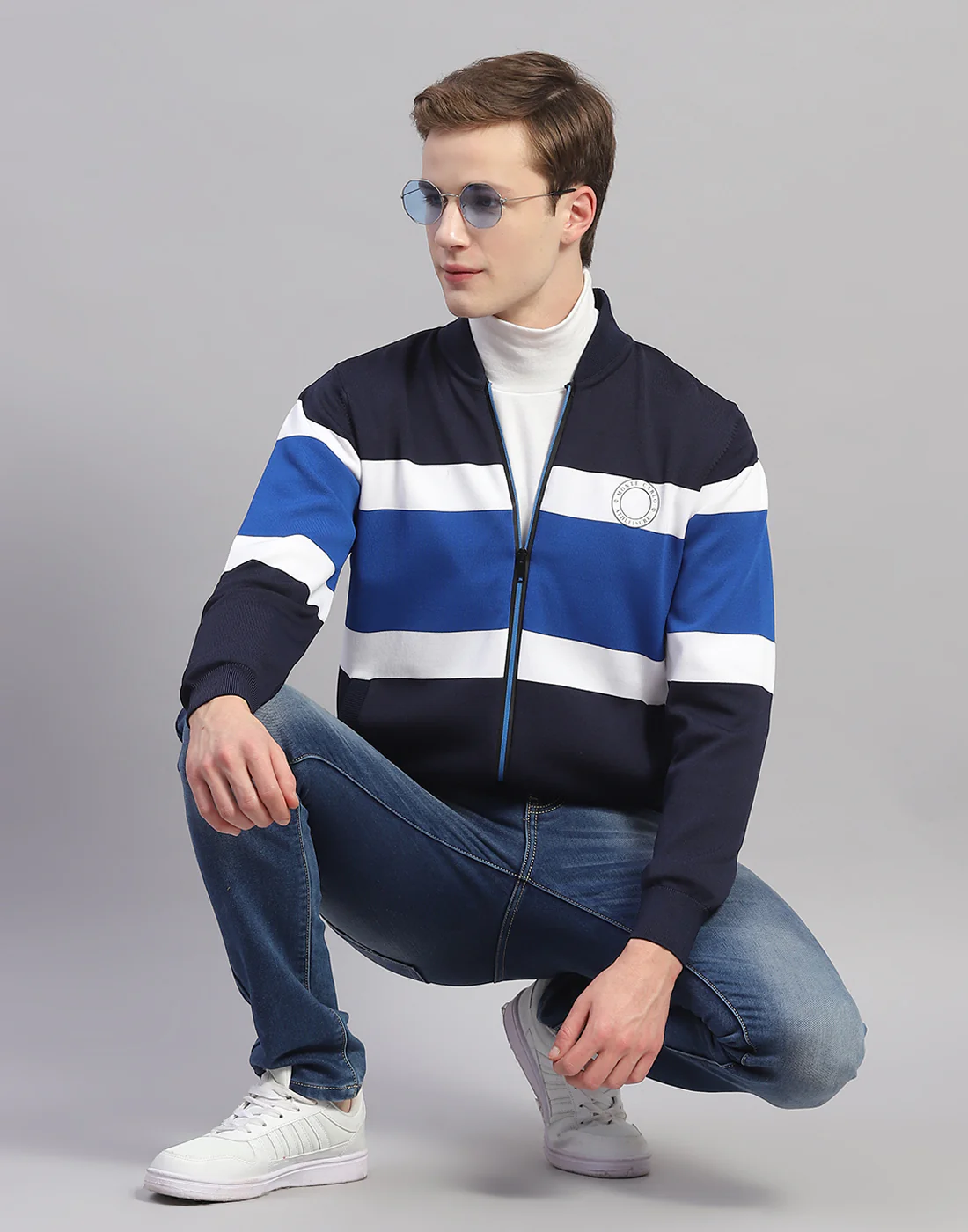 Men Navy Blue Stripe Mandarin Collar Full Sleeve Pullover - Image 2