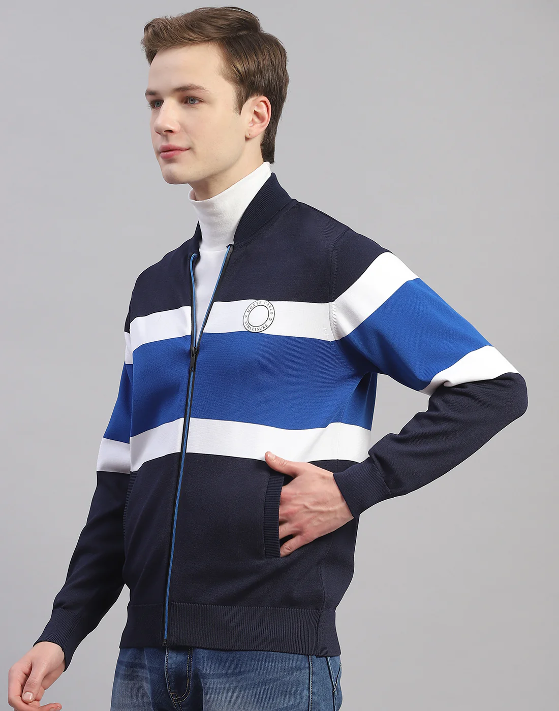 Men Navy Blue Stripe Mandarin Collar Full Sleeve Pullover - Image 4