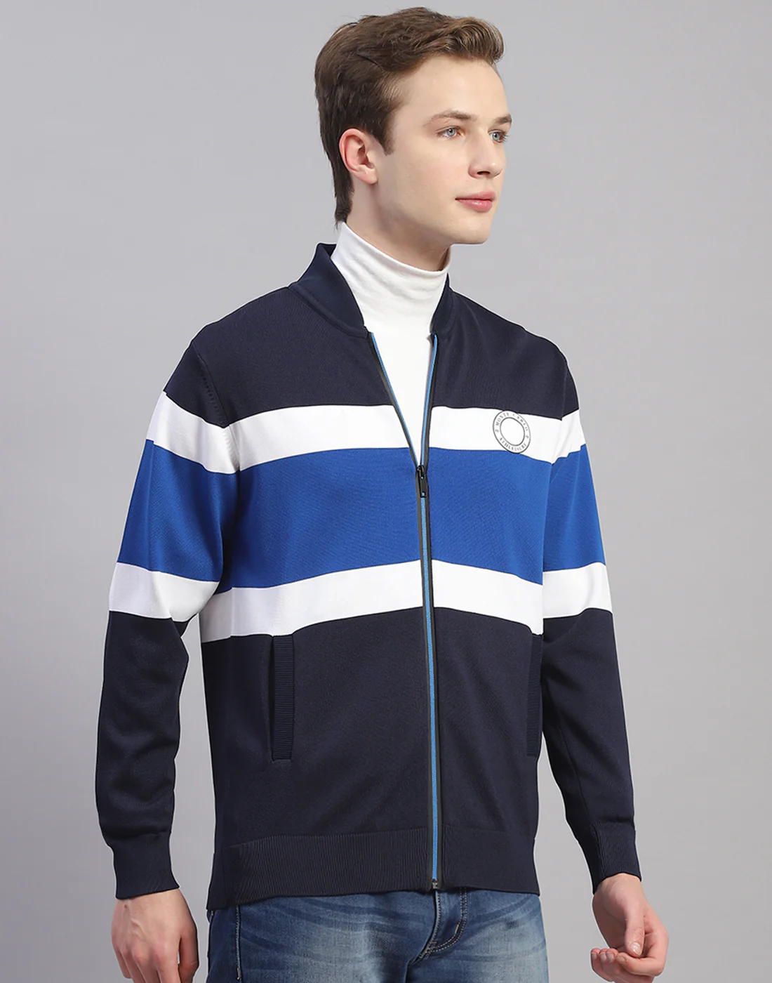 Men Navy Blue Stripe Mandarin Collar Full Sleeve Pullover - Image 5