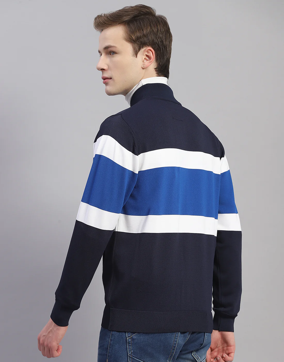 Men Navy Blue Stripe Mandarin Collar Full Sleeve Pullover - Image 6