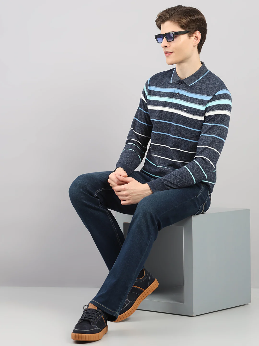 Men Navy Blue Stripe Polo Collar Full Sleeve Winter T-Shirt - Image 2