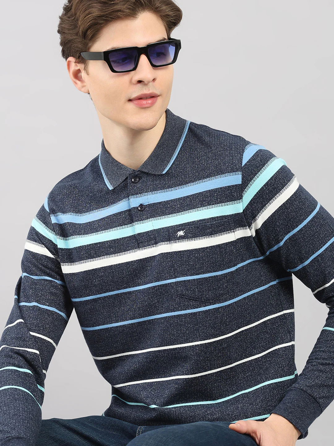 Men Navy Blue Stripe Polo Collar Full Sleeve Winter T-Shirt - Image 6