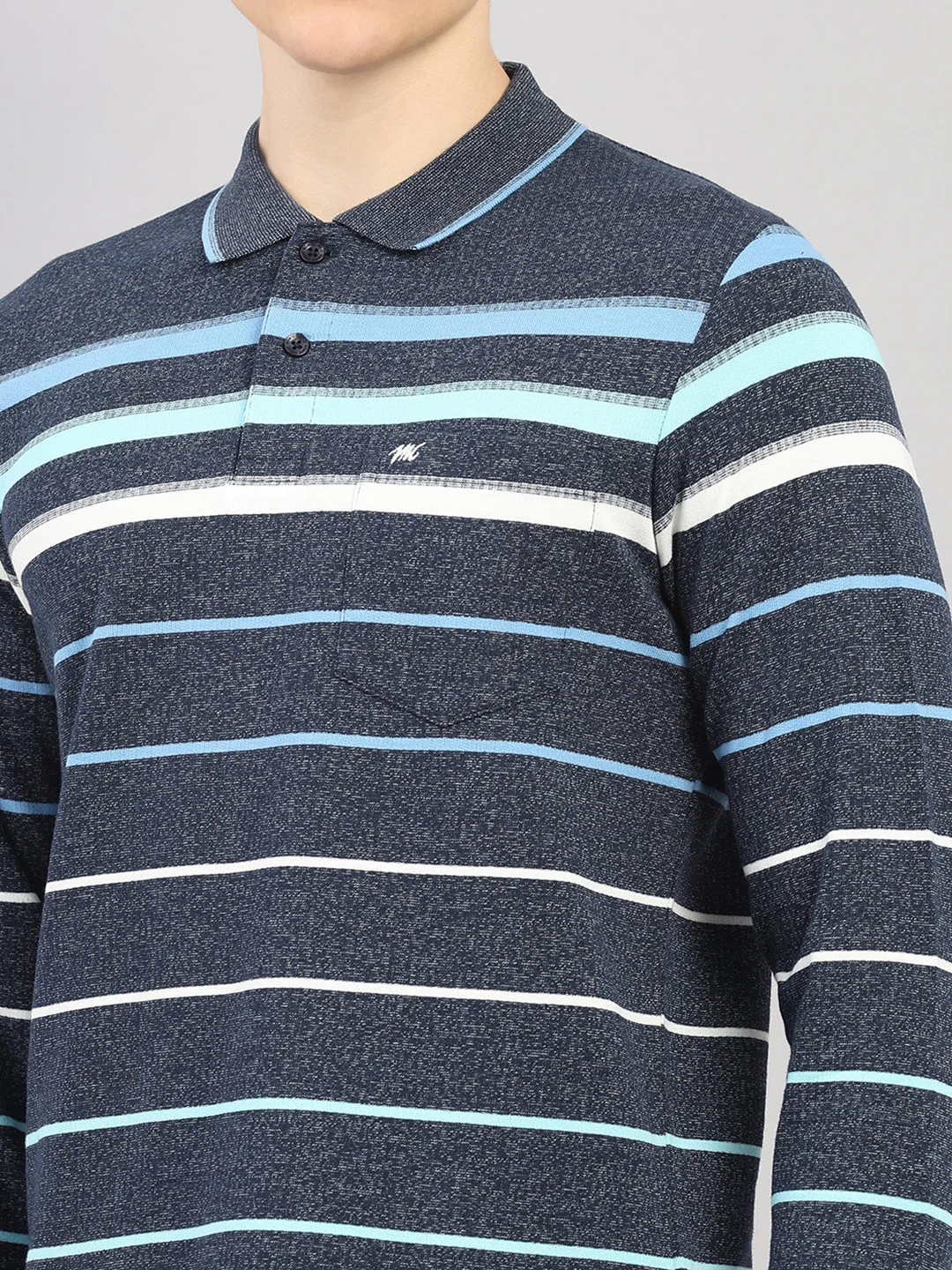 Men Navy Blue Stripe Polo Collar Full Sleeve Winter T-Shirt - Image 7