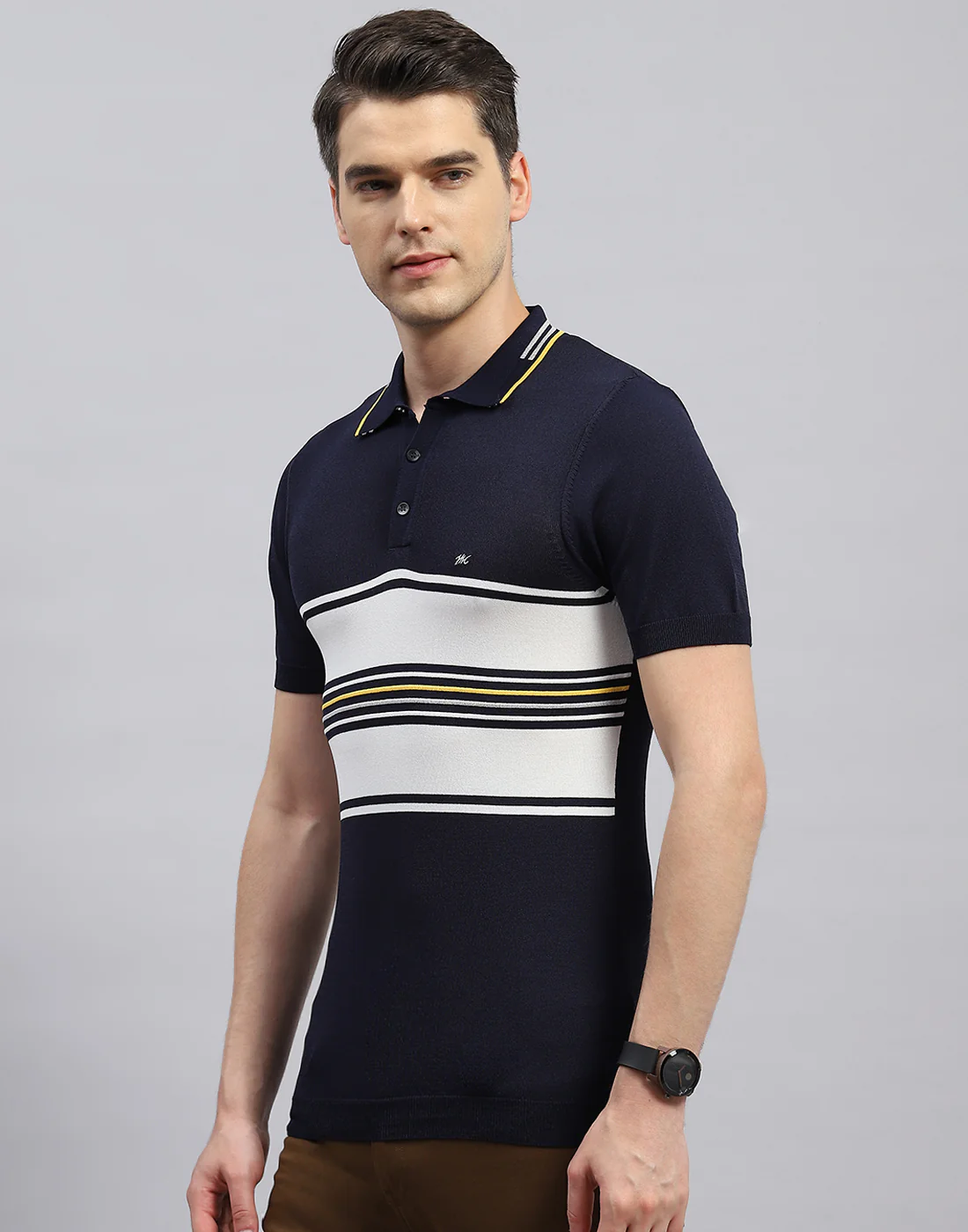 Men Navy Blue Stripe Polo Collar Half Sleeve T-Shirt - Image 3
