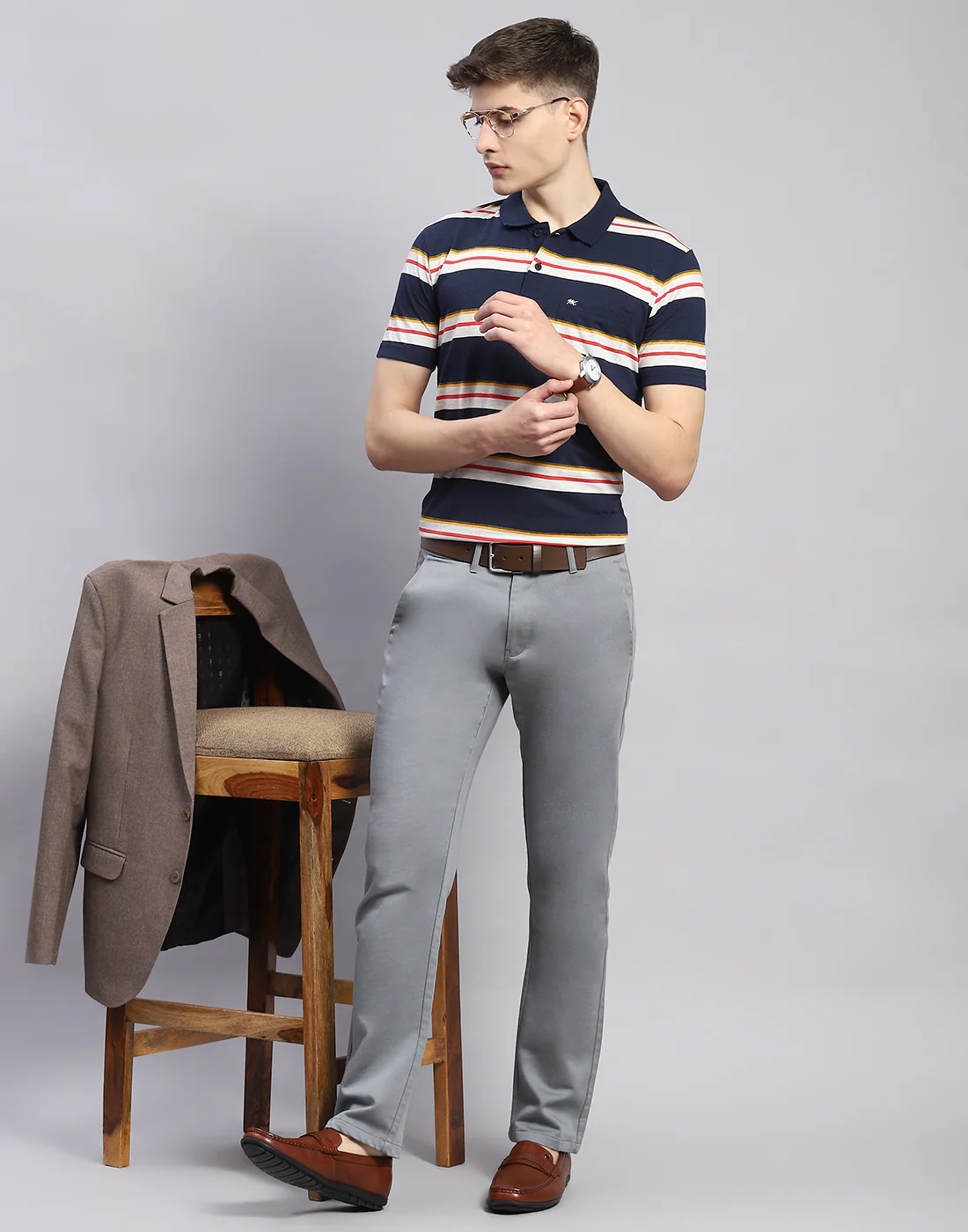 Men Navy Blue Stripe Polo Collar Half Sleeve T-Shirt - Image 2