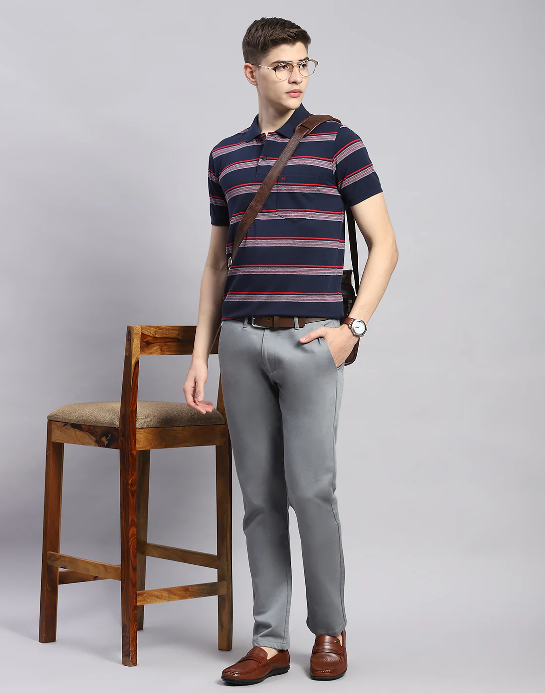 Men Navy Blue Stripe Polo Collar Half Sleeve T-Shirt - Image 2