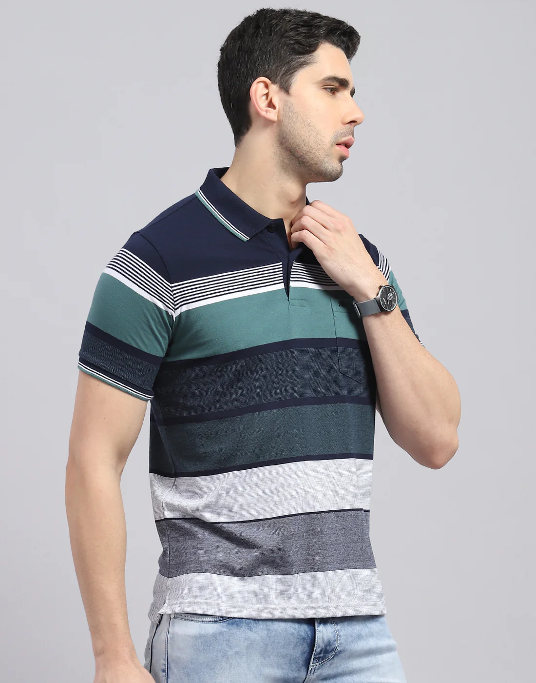 Men Navy Blue Stripe Polo Collar Half Sleeve T-Shirt - Image 4