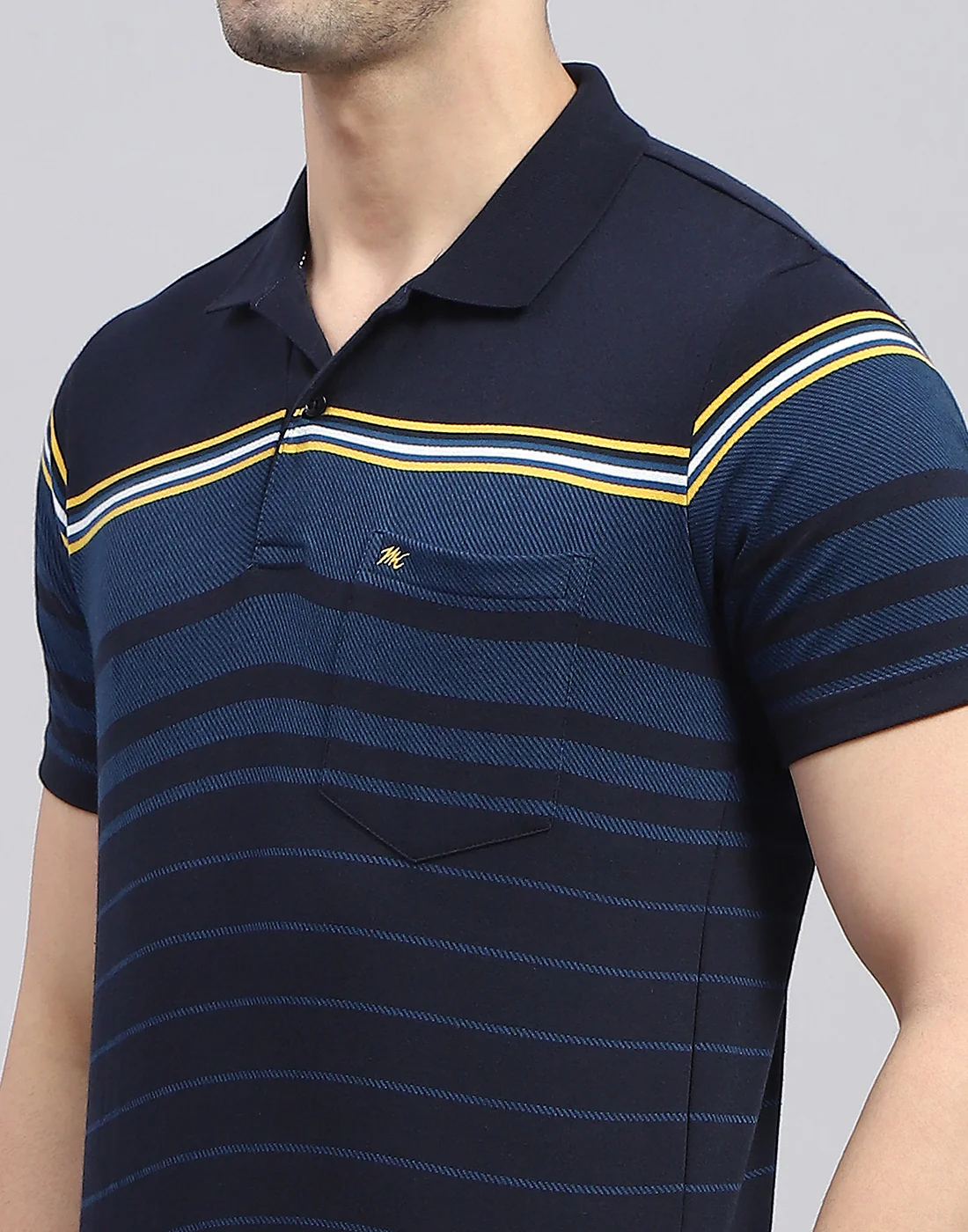 Men Navy Blue Stripe Polo Collar Half Sleeve T-Shirt - Image 6