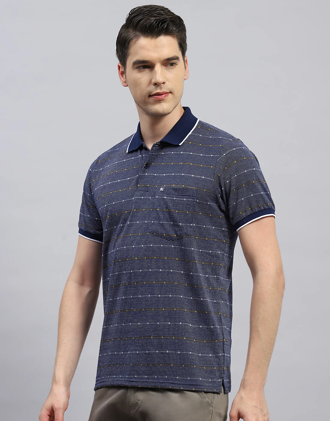 Men Navy Blue Stripe Polo Collar Half Sleeve T-Shirt - Image 3
