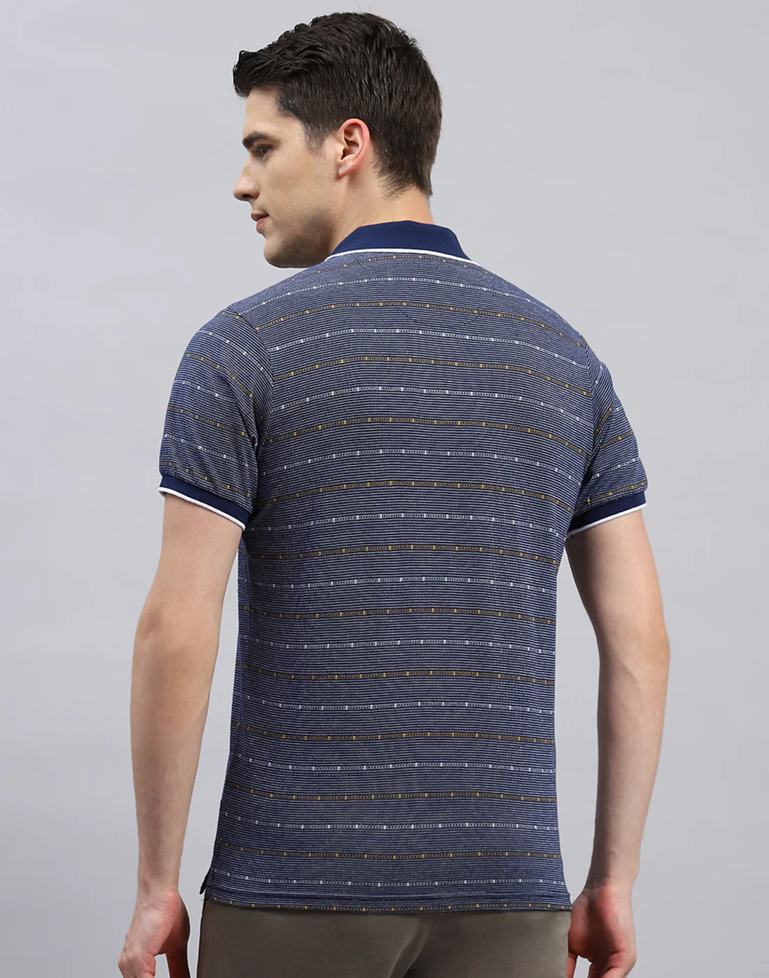 Men Navy Blue Stripe Polo Collar Half Sleeve T-Shirt - Image 5