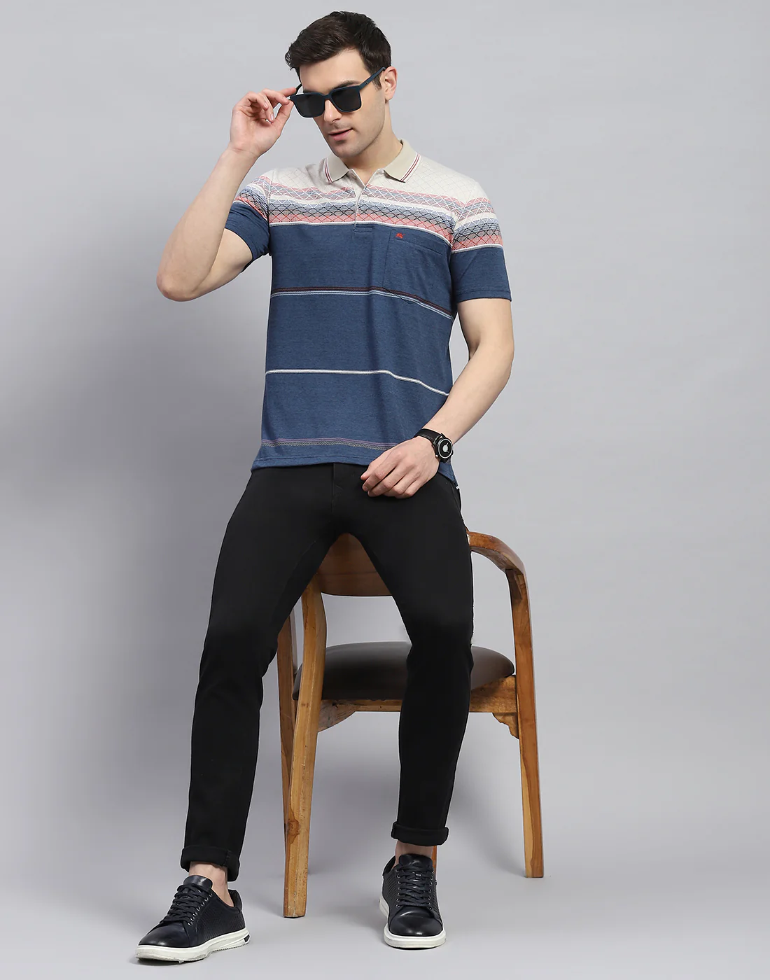 Men Navy Blue Stripe Polo Collar Half Sleeve T-Shirt - Image 2