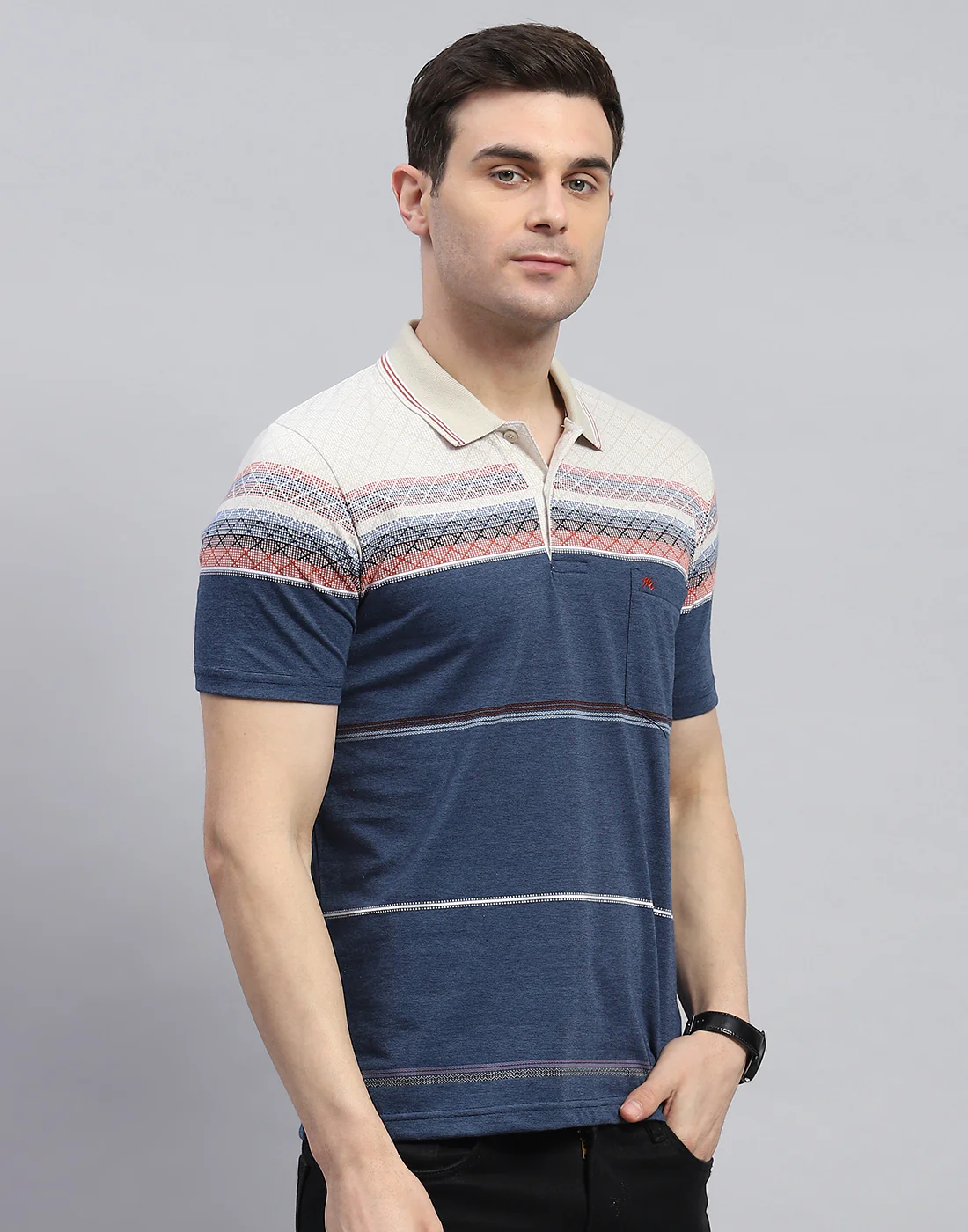 Men Navy Blue Stripe Polo Collar Half Sleeve T-Shirt - Image 4