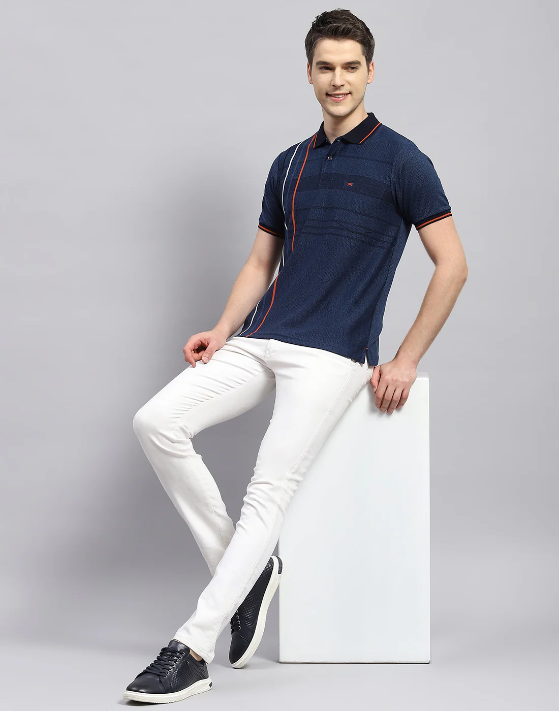 Men Navy Blue Stripe Polo Collar Half Sleeve T-Shirt - Image 2