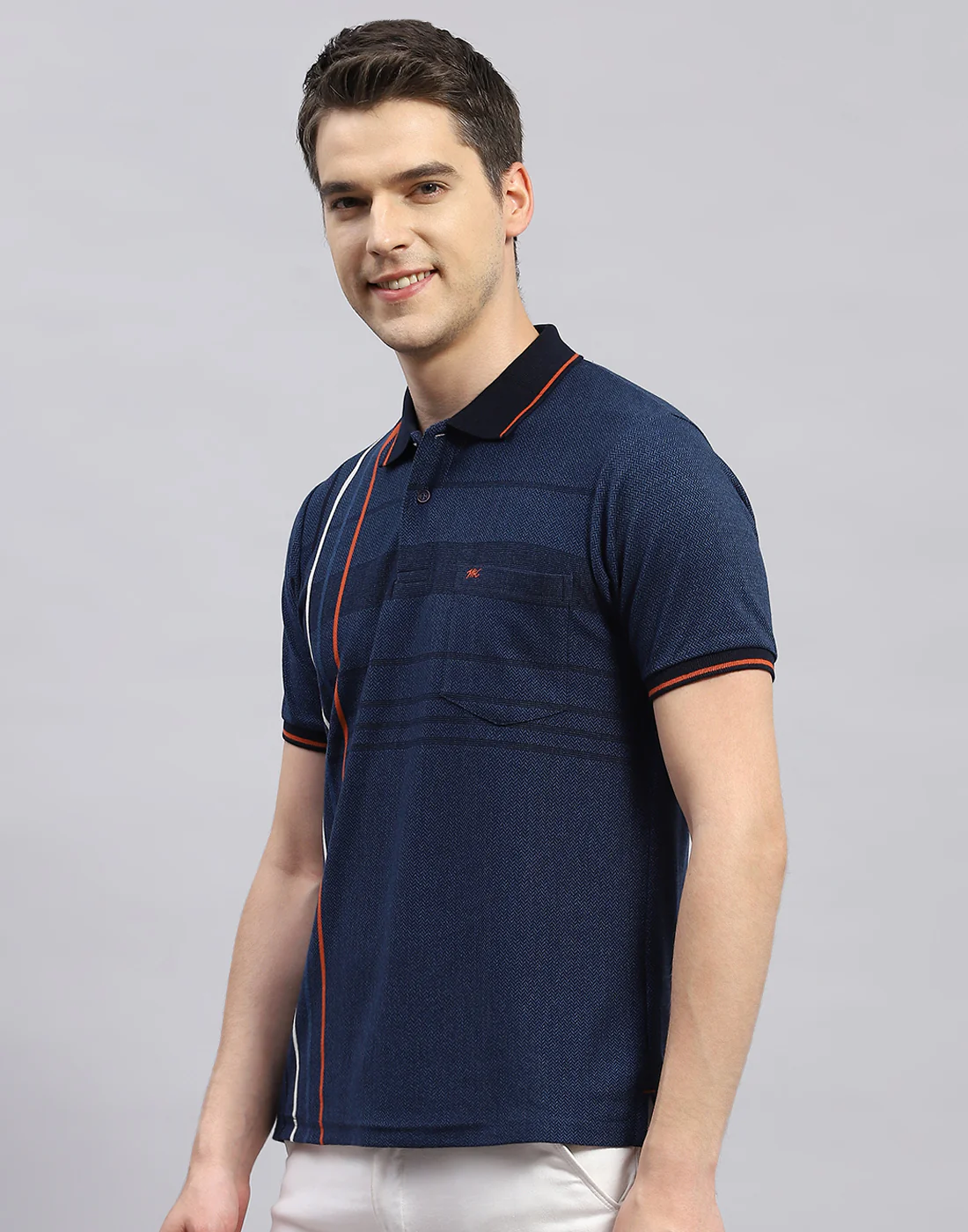 Men Navy Blue Stripe Polo Collar Half Sleeve T-Shirt - Image 3
