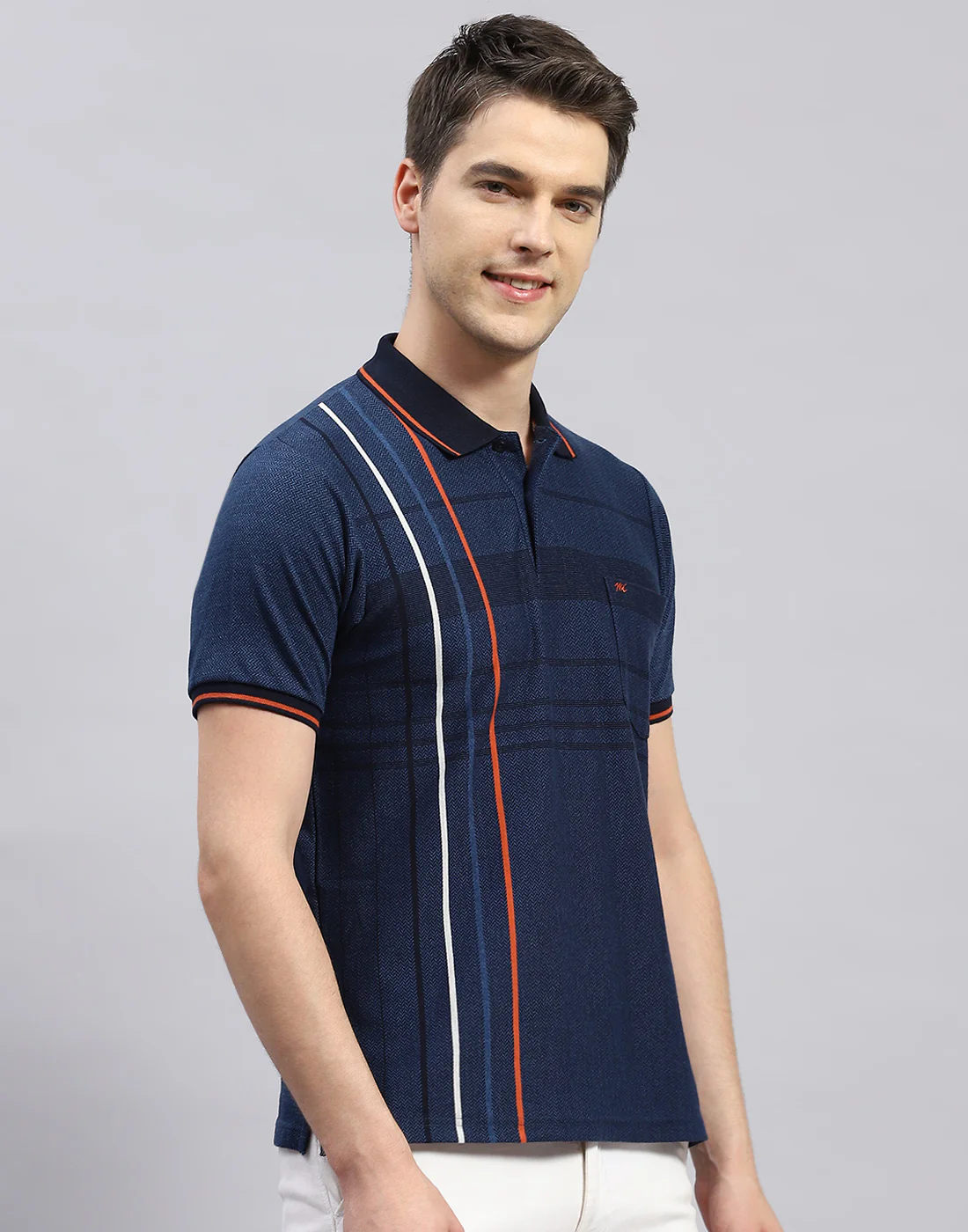 Men Navy Blue Stripe Polo Collar Half Sleeve T-Shirt - Image 4