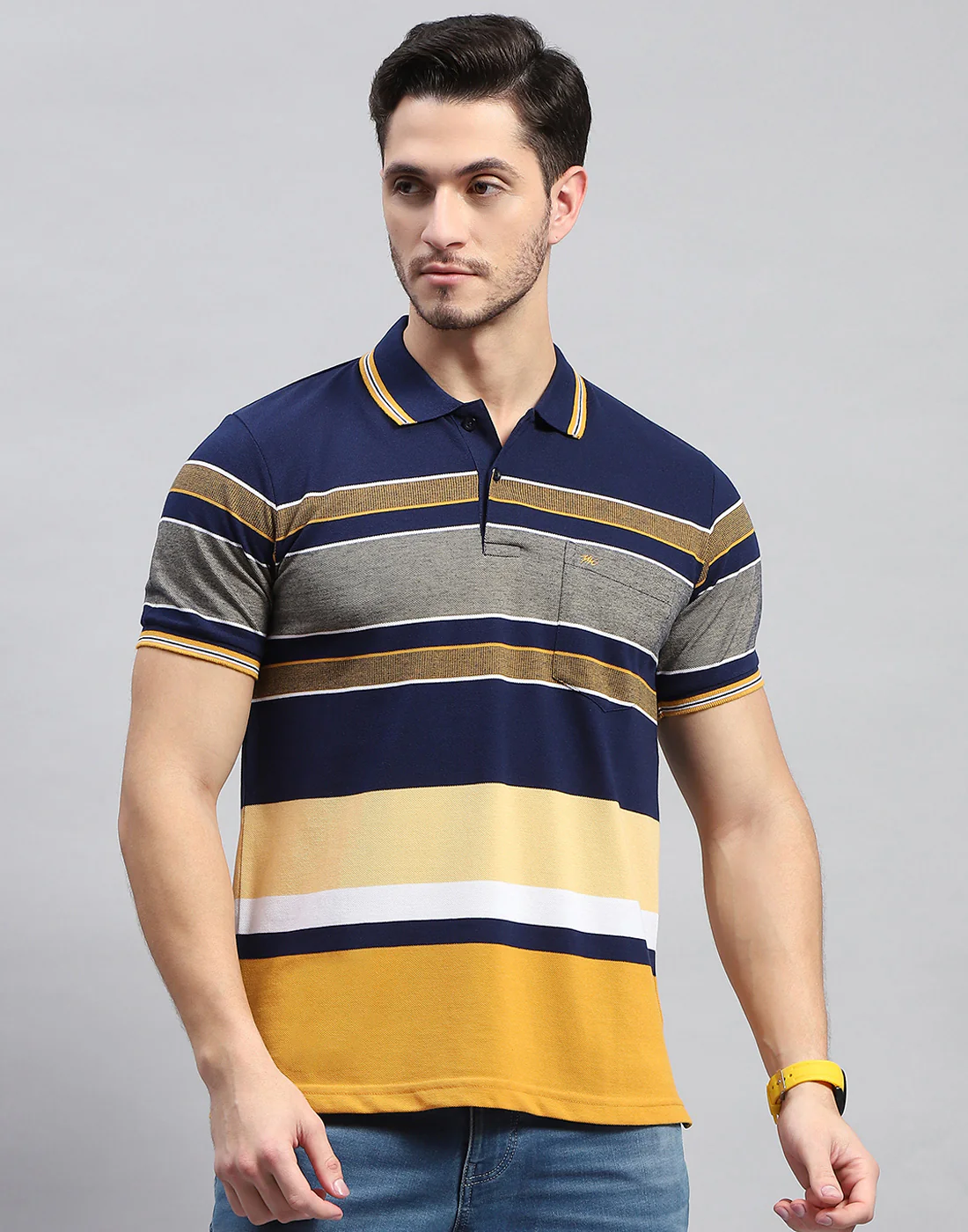 Men Navy Blue Stripe Polo Collar Half Sleeve T-Shirt - Image 3