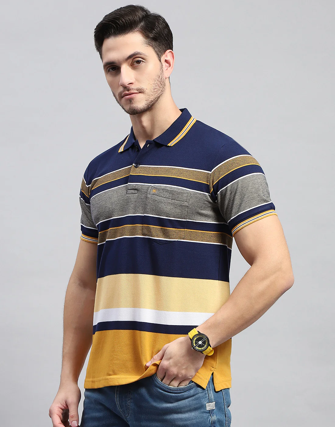 Men Navy Blue Stripe Polo Collar Half Sleeve T-Shirt - Image 4