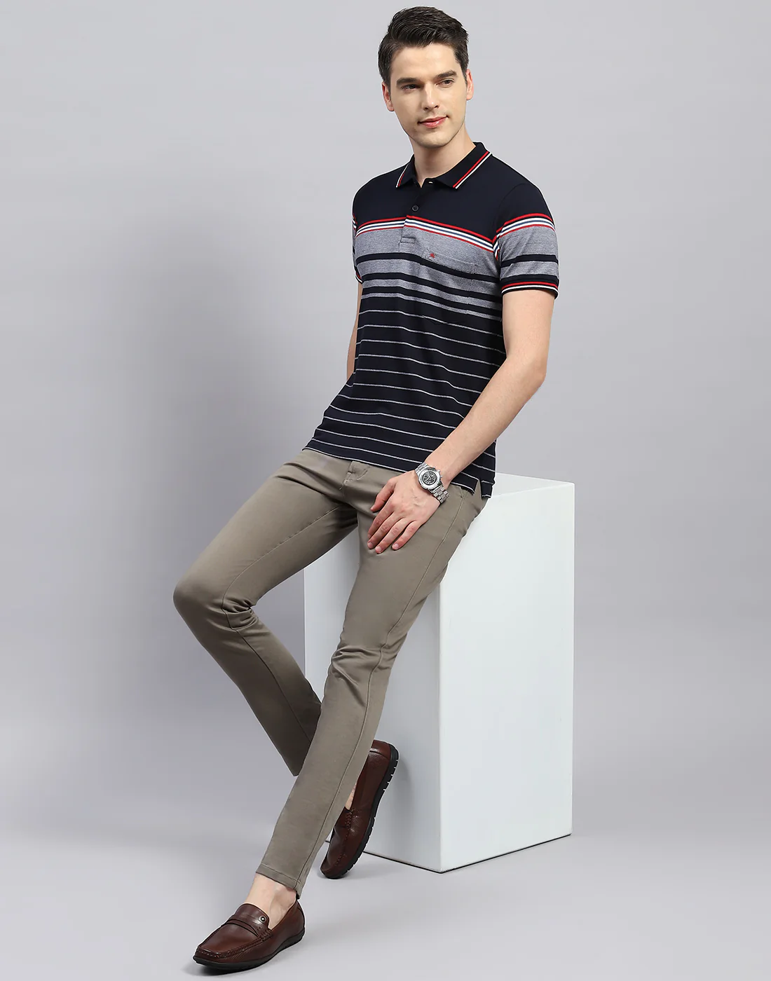 Men Navy Blue Stripe Polo Collar Half Sleeve T-Shirt - Image 2