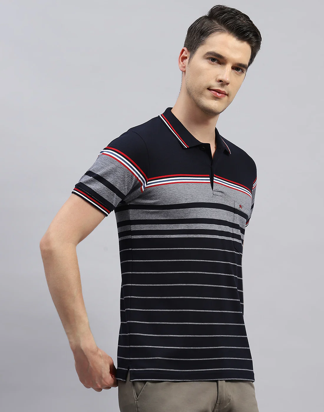 Men Navy Blue Stripe Polo Collar Half Sleeve T-Shirt - Image 4