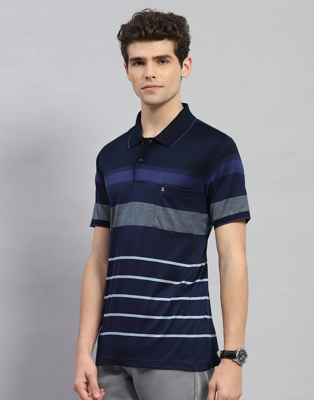 Men Navy Blue Stripe Polo Collar Half Sleeve T-Shirt - Image 4