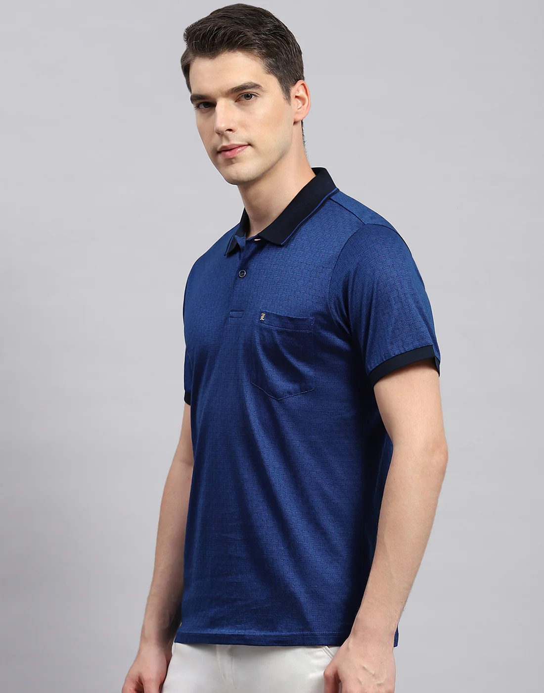 Men Navy Blue Stripe Polo Collar Half Sleeve T-Shirt - Image 3