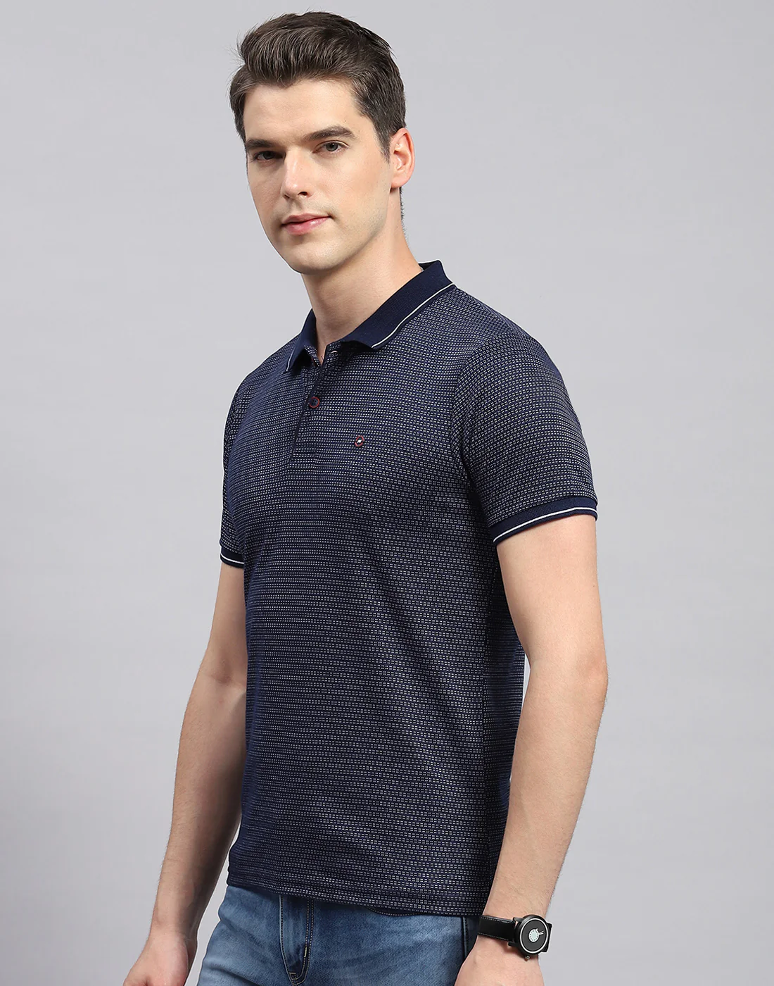 Men Navy Blue Stripe Polo Collar Half Sleeve T-Shirt - Image 3