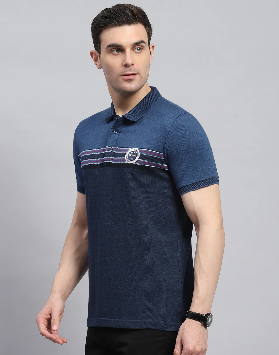 Men Navy Blue Stripe Polo Collar Half Sleeve T-Shirt - Image 3