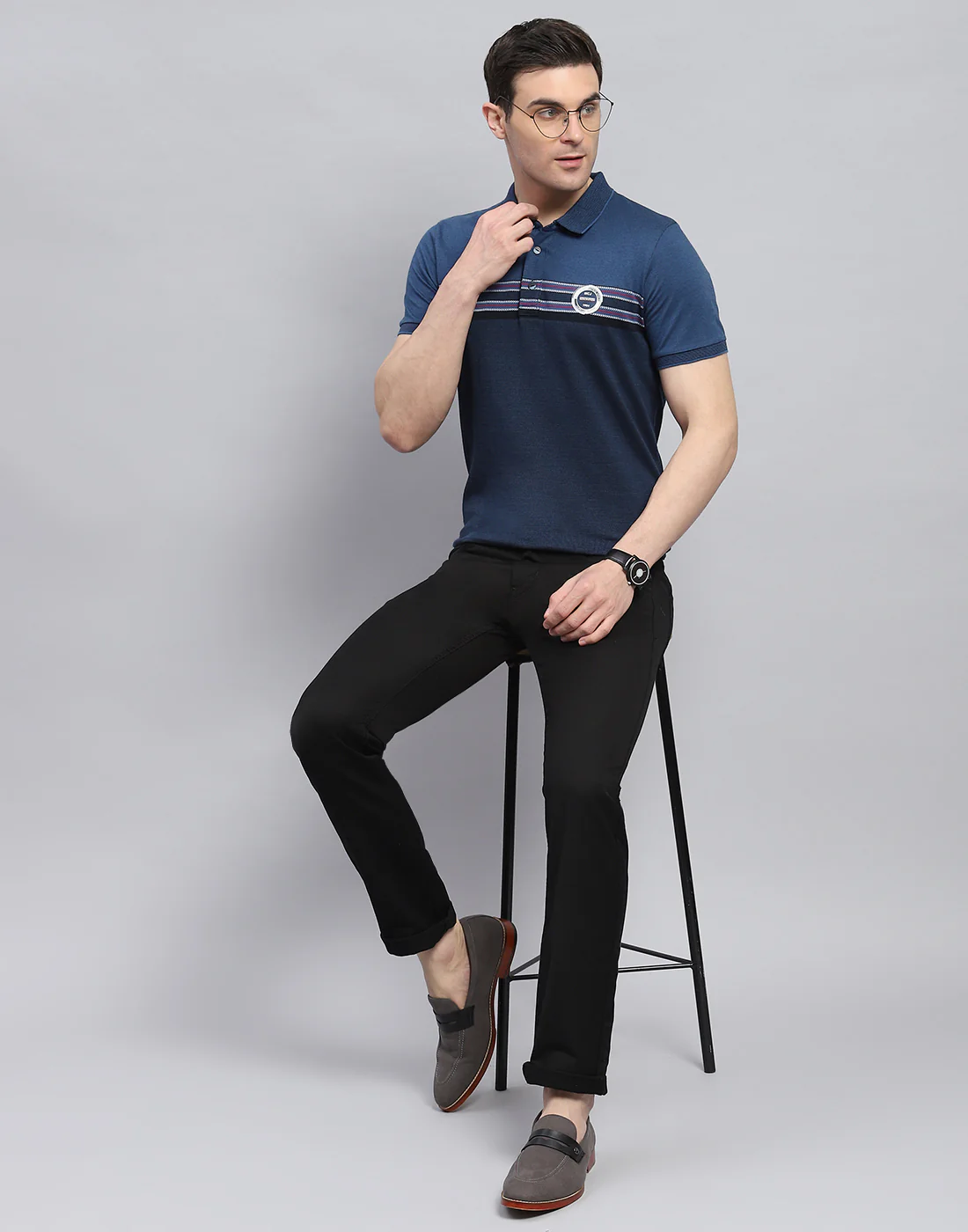 Men Navy Blue Stripe Polo Collar Half Sleeve T-Shirt - Image 5