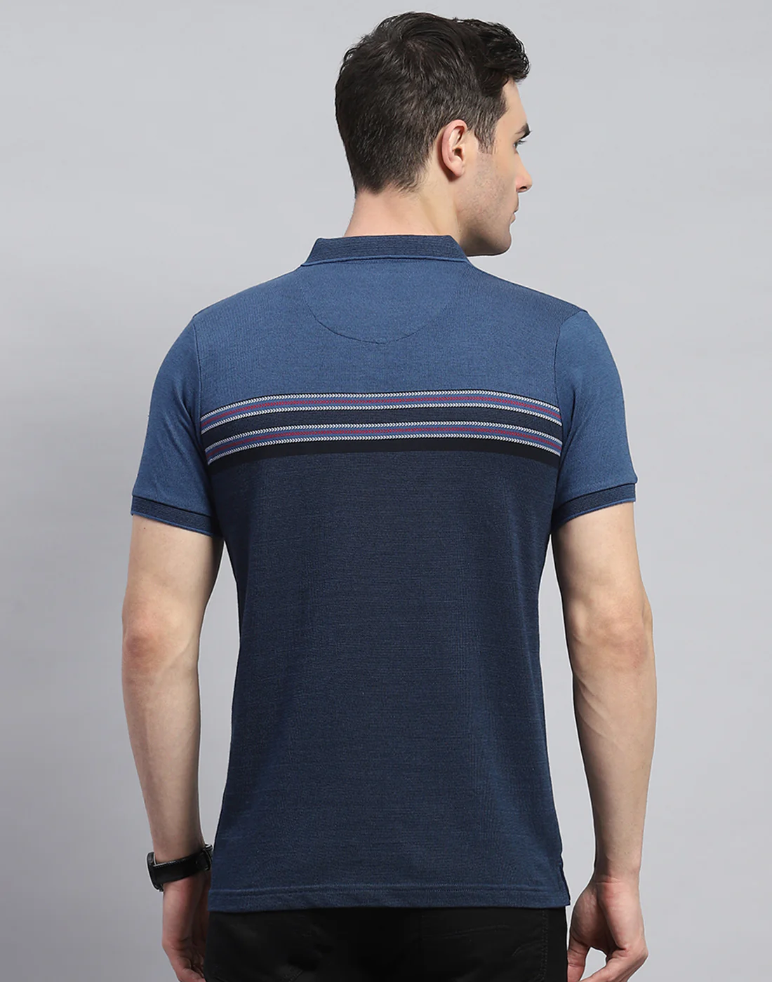 Men Navy Blue Stripe Polo Collar Half Sleeve T-Shirt - Image 6